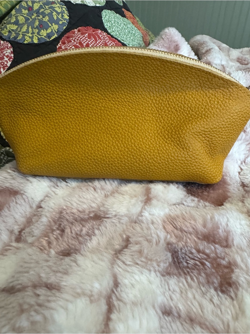 Pebbled Yellow Leather Cosmetic Pouch - Picture 2 of 4
